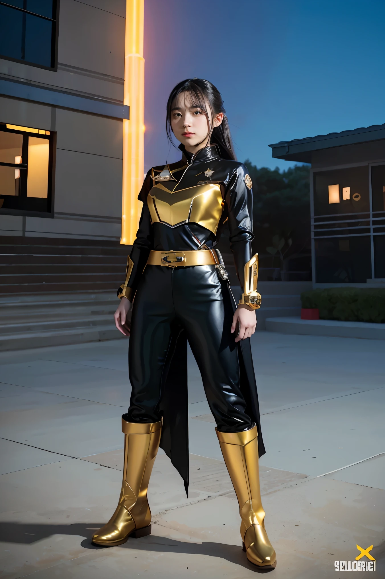**Image Description:**
- Setting: Outdoor sunset with a colorful sky, in a fantasy theme.
- Character: A young girl with long dark hair, depicted as a police in a black outfit with gold details.
- Outfit: A Power Ranger-inspired black suit featuring a red star.
- Style: Extremely detailed and high resolution, with volumetric lighting and ambient occlusion, showcasing a sacred aura and halo.
This is a full-body illustration combining elements of fantasy and a police theme.