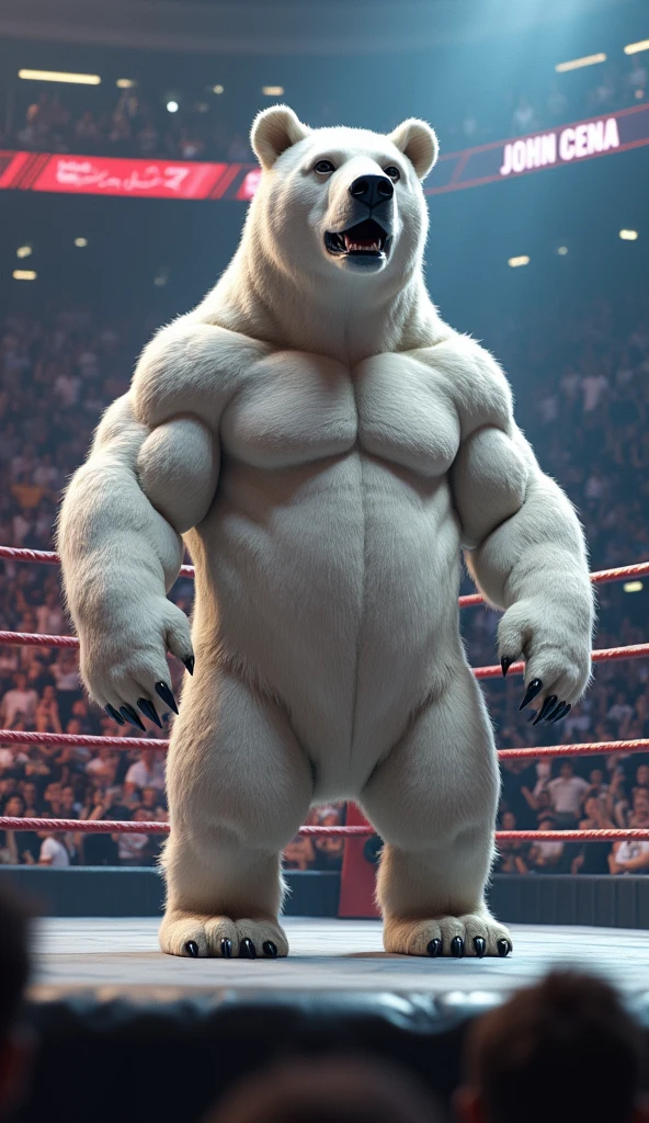 male anthro polar bear, chubby, dynamic pose, bust portrait, underwear, solo, realistic fur, detailed background, bedroom, detailed fluffy fur, long fluffy fur, photorealism, fighting ring, hdr, short tail, crowd, purple stage light, leather gauntlet, realistic, ultra realistic