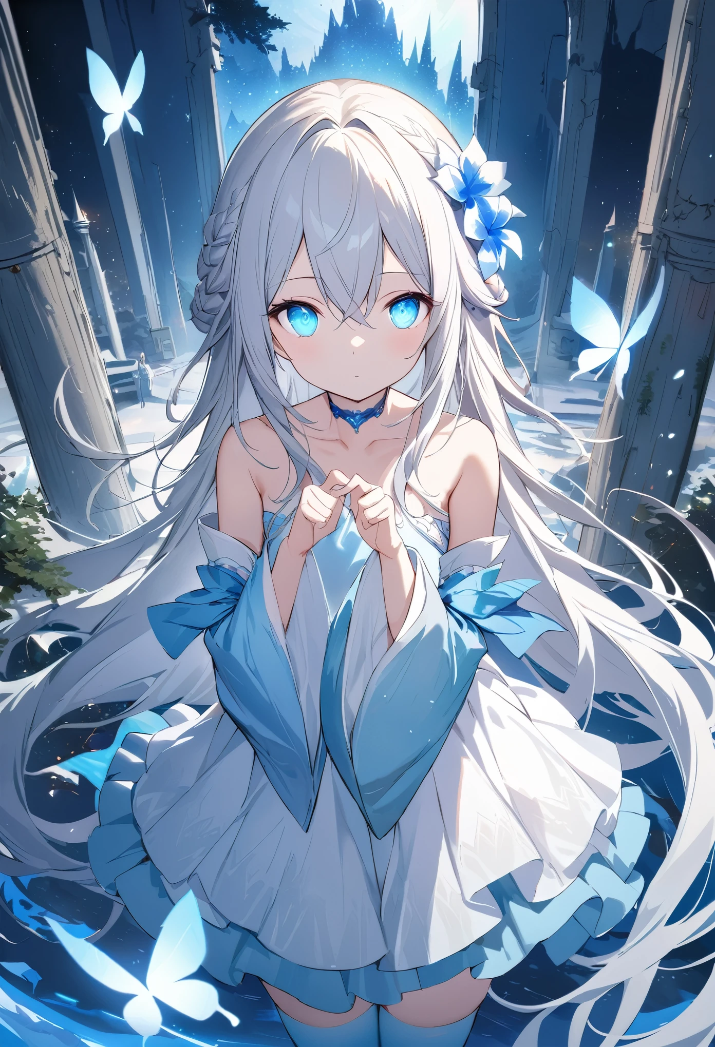 (Overhead view),dynamic angle,ultra-detailed, illustration, close-up, straight on, 1girl, (fantasy:1.4), (azure blue eyes:1.233),Her eyes shone like dreamy stars,(glowing eyes:1.233),(beautiful and detailed eyes:1.1),(Silver hair:1.14),(messy hair,very long hair,french braid,hair between eyes,sidelocks), (+(bule hair flower:1.14)),(chiffon dress,bule flower pattern in uniform)/=(military uniform:1.24),(detached sleeves,wide sleeves),(fingerless gloves),choker,(miko thighhighs),High heeled boots,(expressionless,closed mouth),(standing), (classical Princess boudoir with dressing tableand french windowin a white ancient palaces),(white flowers,bloom),(abysmal sea),(flowing water),(a dull blue world tree:1.14),(ruins),(night:1.2),dreamy,soul,(fluorescence),(flying translucent blue butterflies:1.15), [[delicate fingers and hands:0.55]::0.85],(detail fingers),(yubao:0.5),