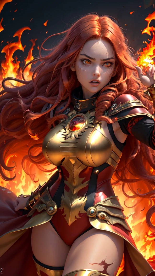 redhead with hair parted in the middle, greeneyes ,with fire power , wearing clothes "warrior without being sexy and riding a red dragon