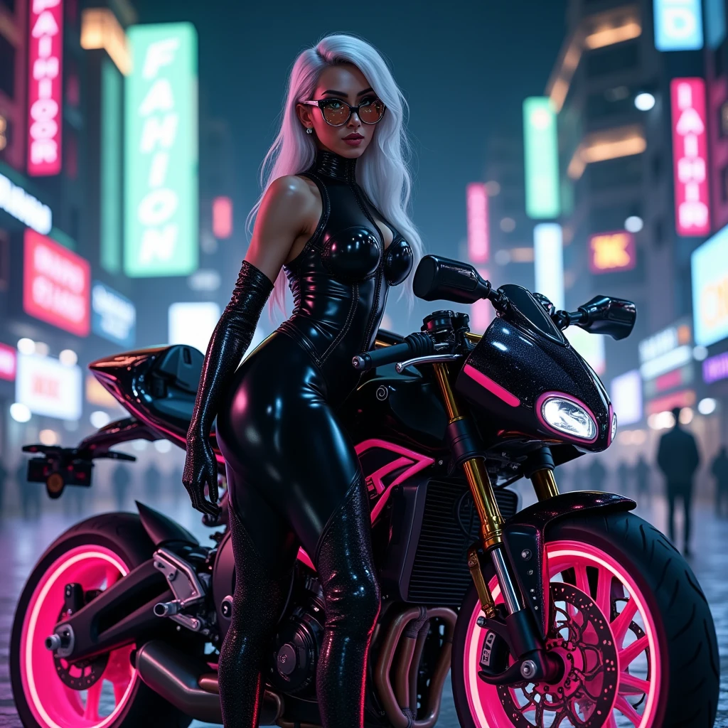 bright colors,  The curvaceous girl ,  perfect anatomy ,  with green eyes ,  Long Snow-White Hair , Fashion glasses Stylish black glasses are thin with sharp edges,  sexy figure , voluminous breasts,  Latex Suit with Glitter and Buttons ,  Beautiful Black Open-Toed Gloves ,  Stands near a Trendy Sport Bike with Neon Wheels in Pink and Green,  Trendy City High-rise Buildings Beautiful bright glows , night city,  Neon Fashion Signs ,  dim light , 8 k,  best quality,  Complex Image Processing , bright colors, Clear Detailing,  Maximum Quality,  Glitter with Shadow Overflow ,  Complex Details ,