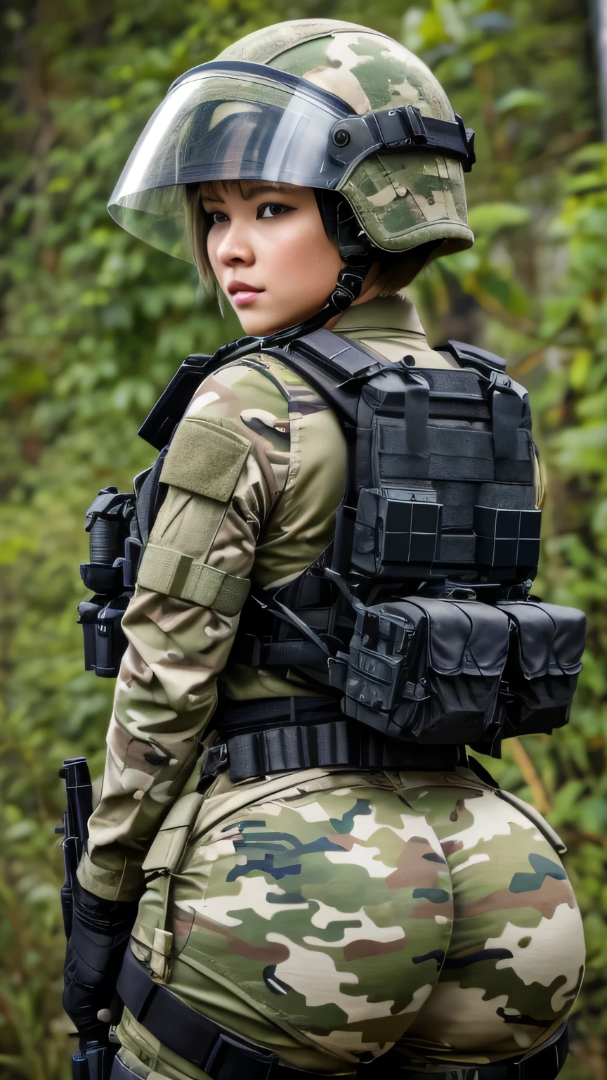 a contractor young girl, Japanese and Russian facial features, white french bob haircut, wearing full equip militar camouflage, chest rig tactical vest, ballistic helmet with face shield, fully dressed, sweaty body, voluptuous body, focusing on her ass, mega exaggeratedly inflated hips, large hips and extra big ass, hips too large and wide, slim waist, back, very close up, in an armory,