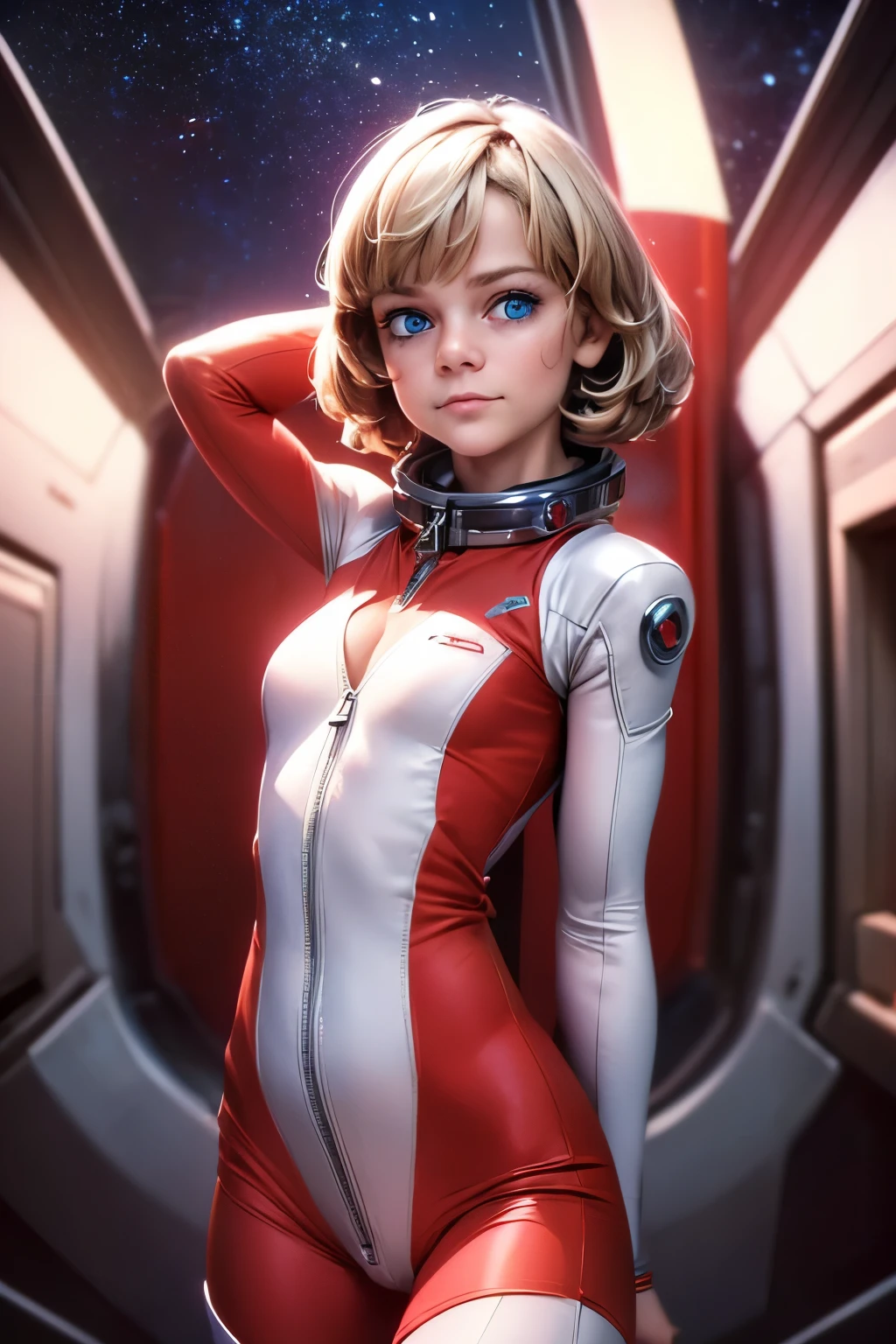 1female，age 5，bit girl，Small ，smallunderolo，（Background with：space ship，Artificial satellite，） She has blonde hair，Stand on a spaceship，seen from the front， mostly cloudy sky, (masterpiece），（Very detailed CG unity 8K wallpaper），best quality，cinematic lighting，detailed background，beautiful detailed eyes，Bright pupils，Blue eyes，（Very fine and beautiful），（Beautiful and detailed eye description），ultra - detailed，masterpiece，）），facing at camera，A high resolution，ultra - detailed），revealing small breasts，legs are open，Raised sexy，Flushed complexion，Smile，Desire for dissatisfaction，frontage，elementary student，The astronaut，（Wearing：Spacesuit）, (unzipped pilot suit in red and white colour), (cleavage), tight fit clothes, clothes covering the whole body, beauty, vivacious, lovely, slim body, exoskeleton, gundam pilot) Alisa Selezneva