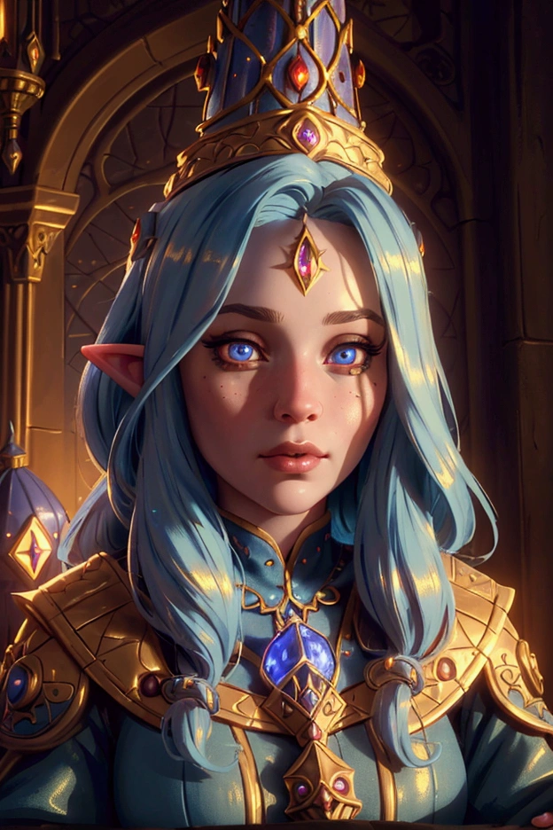 a close up of a female gnome in a tower interior, wizard assistant, 1girl, detailed face, beautiful detailed eyes, beautiful detailed lips, extremely detailed face, detailed portrait, intricate fantasy tower, magical interior, ornate architecture, glowing lights, moody lighting, warm color tones, high quality, masterpiece, photorealistic, 8k, cinematic lighting