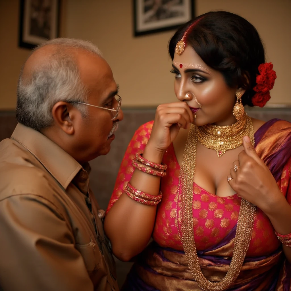 The image is a photograph featuring a close-up scene of a woman and an older man in an indoor setting, likely a traditional or cultural environment. The woman, positioned to the right, is dressed in a rich, ornate traditional Indian attire. She wears a heavy gold jewelry set, including a large, intricate necklace, multiple bangles, and a nose ring. Her attire is a maroon and gold brocade sari with intricate gold embroidery, draped elegantly over her shoulders. Her hair is styled in an elaborate updo adorned with a red flower and a gold hairpin. Her makeup is elaborate, featuring heavy eyeliner, mascara, and a red bindi on her forehead.  Full body pose, She has big breasts and wide hips with curvy figure and hourglass thicky figure. Seducing man with her eyes, sexy cat eyes.Her gaze is striking and directed over her shoulder, adding a mysterious allure. She has bold, smokey eye makeup that emphasizes her eyes, with long, curled lashes enhancing their intensity. The makeup is meticulously done, including a well-defined, dark eyeliner and subtle shading around the eyes.

The man, positioned to the left, has a bald head and is dressed in a light brown shirt. He is leaning in close to the woman, looking at her intently, with his hand gently touching her shoulder. The background features a wallpaper with a subtle, ornate pattern in shades of beige and gold, adorned with framed pictures or artwork in the upper left corner. The lighting is warm, casting a soft, ambient glow, suggesting an intimate, possibly celebratory atmosphere.