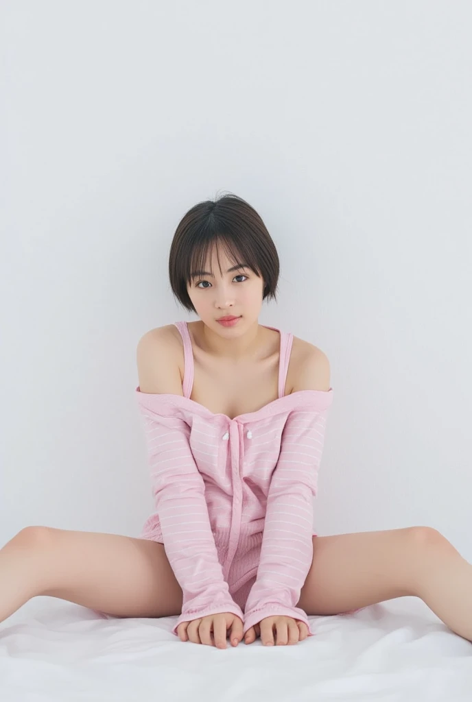 Full body shot from the front、Wear off-the-shoulder mini one-piece pajamas, bend your knees, spread your legs, take a cross-legged pose, and sit while looking at me, Slender bare legs 、smile、The background is a monotone 

