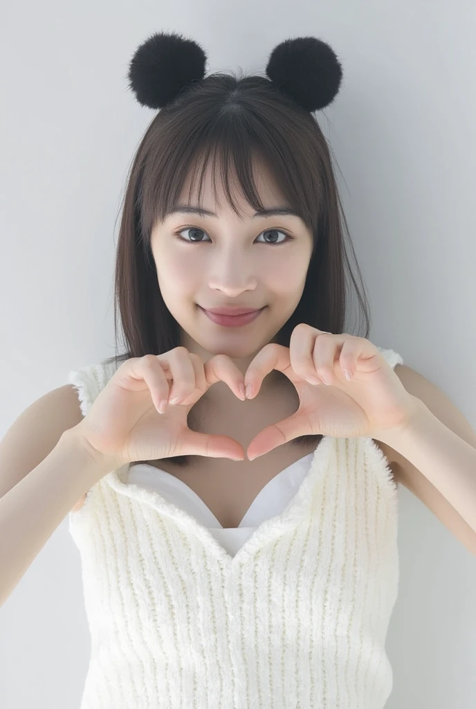 Only one woman with a cute smile wears cute, fluffy off-shoulder pajamas, makes a big heart shape with both hands, and poses them in front of her chest, View above collarbone、The background is a monotone 

