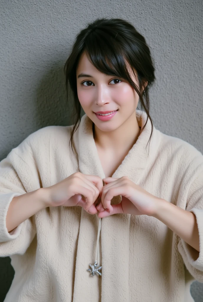 Only one woman with a cute smile wears cute, fluffy off-shoulder pajamas, makes a big heart shape with both hands, and poses them in front of her chest, View above collarbone、The background is a monotone 

