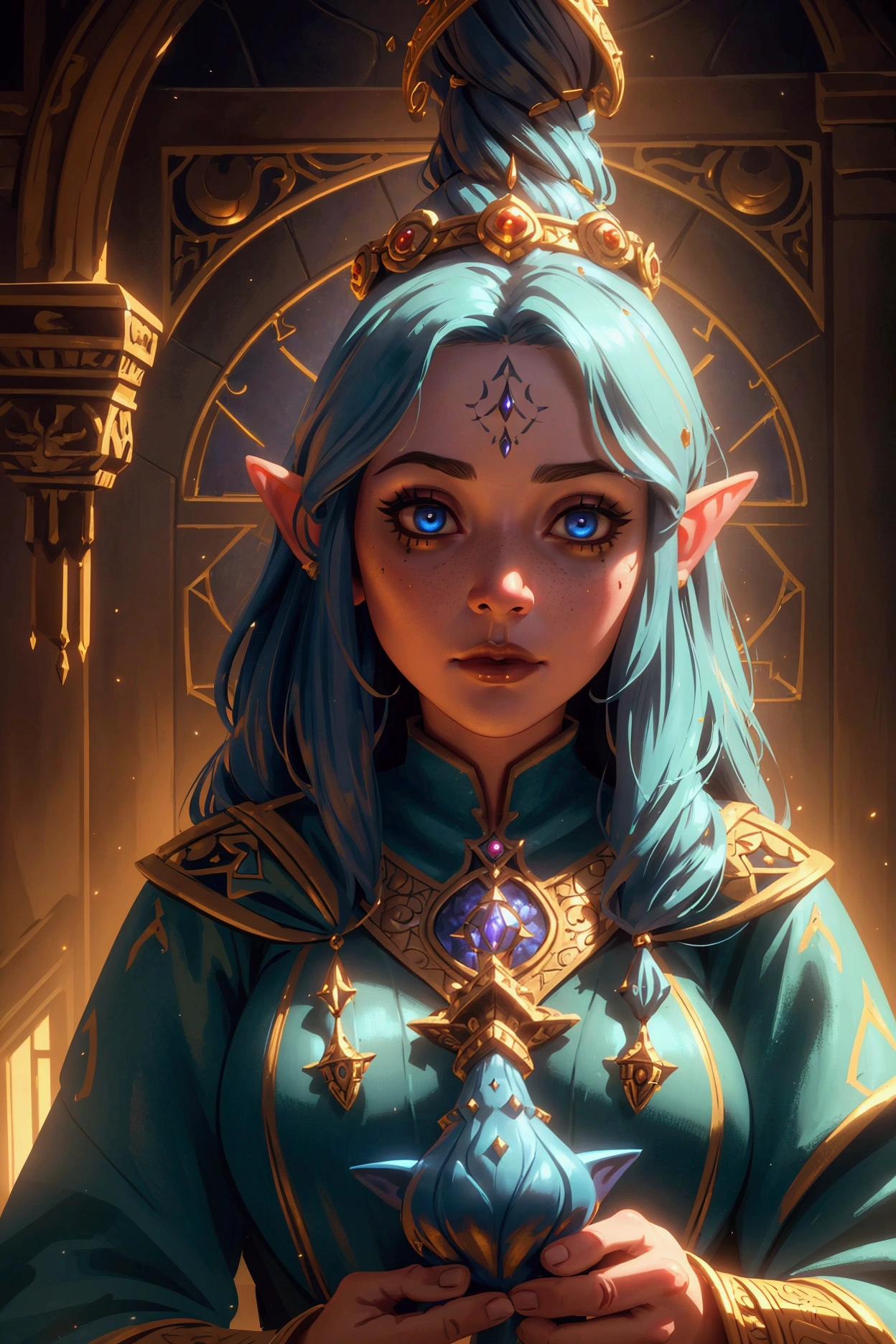 a close up of a female gnome in a tower interior, wizard assistant, 1girl, detailed face, beautiful detailed eyes, beautiful detailed lips, extremely detailed face, detailed portrait, intricate fantasy tower, magical interior, ornate architecture, glowing lights, moody lighting, warm color tones, high quality, masterpiece, photorealistic, 8k, cinematic lighting