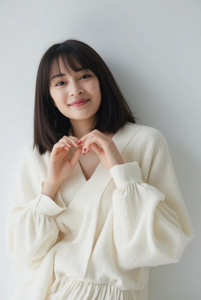 Only one woman with a cute smile wears cute, fluffy off-shoulder pajamas, makes a big heart shape with both hands, and poses them in front of her chest, View above collarbone、The background is a monotone 

