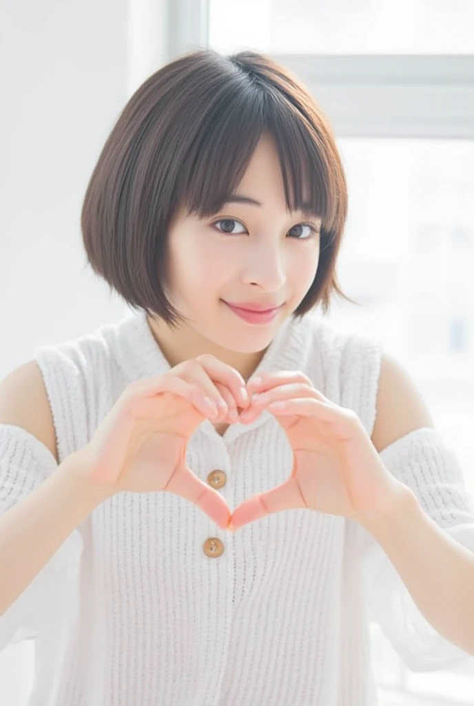 Only one woman with a cute smile wears cute, fluffy off-shoulder pajamas, makes a big heart shape with both hands, and poses them in front of her chest, View above collarbone、The background is a monotone 

