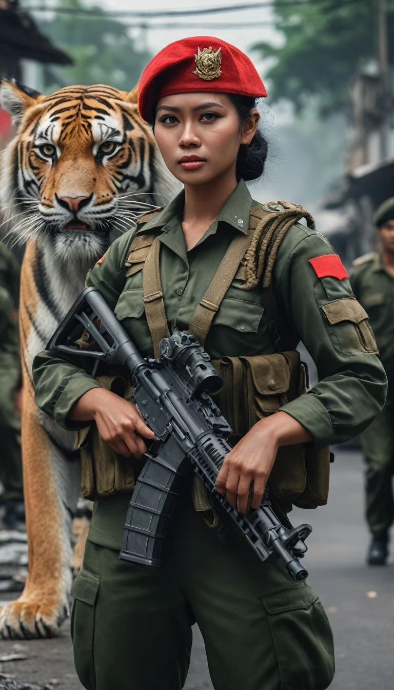 A highly detailed portrait of an Indonesian woman soldier wearing a red beret, holding an M16 rifle, with full military attire, walking on  street, accompanied by a massive Giant Tiger  standing beside her, (best quality,4k,8k,highres,masterpiece:1.2),ultra-detailed,(realistic,photorealistic,photo-realistic:1.37),intricate details,exquisite lighting,cinematic,dramatic atmosphere,powerful expression,heroic pose,military precision,imposing presence of the Garuda,iconic Indonesian symbolism, green striped uniform,