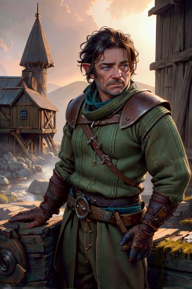 a close up of a male halfling with a scar on his right eye, mill caretaker, mill background, detailed facial features, striking blue eyes, rugged weathered skin, simple clothes, worn leather gloves, hard working expression, warm lighting, detailed wood textures, mossy stone walls, water wheel spinning in background, (best quality,4k,8k,highres,masterpiece:1.2),ultra-detailed,(realistic,photorealistic,photo-realistic:1.37),highly detailed fantasy portrait,cinematic lighting,vibrant colors