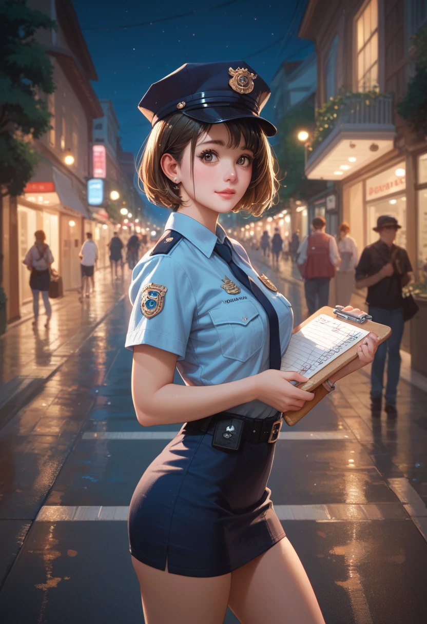 girl, cute, adorable, short hair, tall, police uniform, police hat, writing on a notepad, street, night