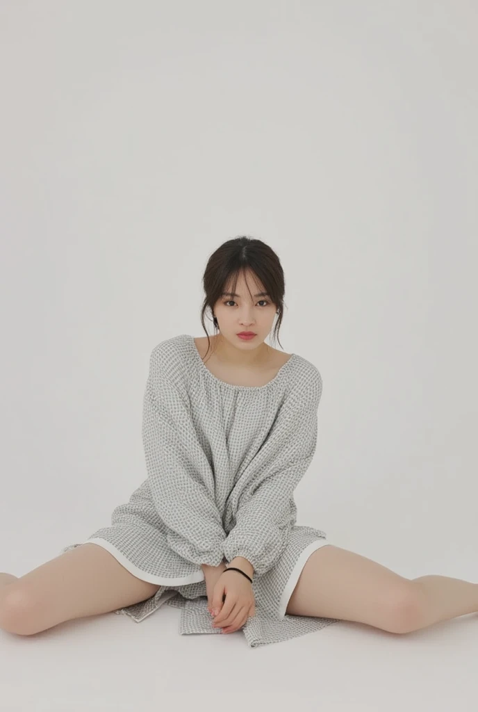 Full body shot from the front、Wear off-the-shoulder mini one-piece pajamas, bend your knees, spread your legs, take a cross-legged pose, and sit while looking at me, Slender bare legs 、smile、The background is a monotone 

