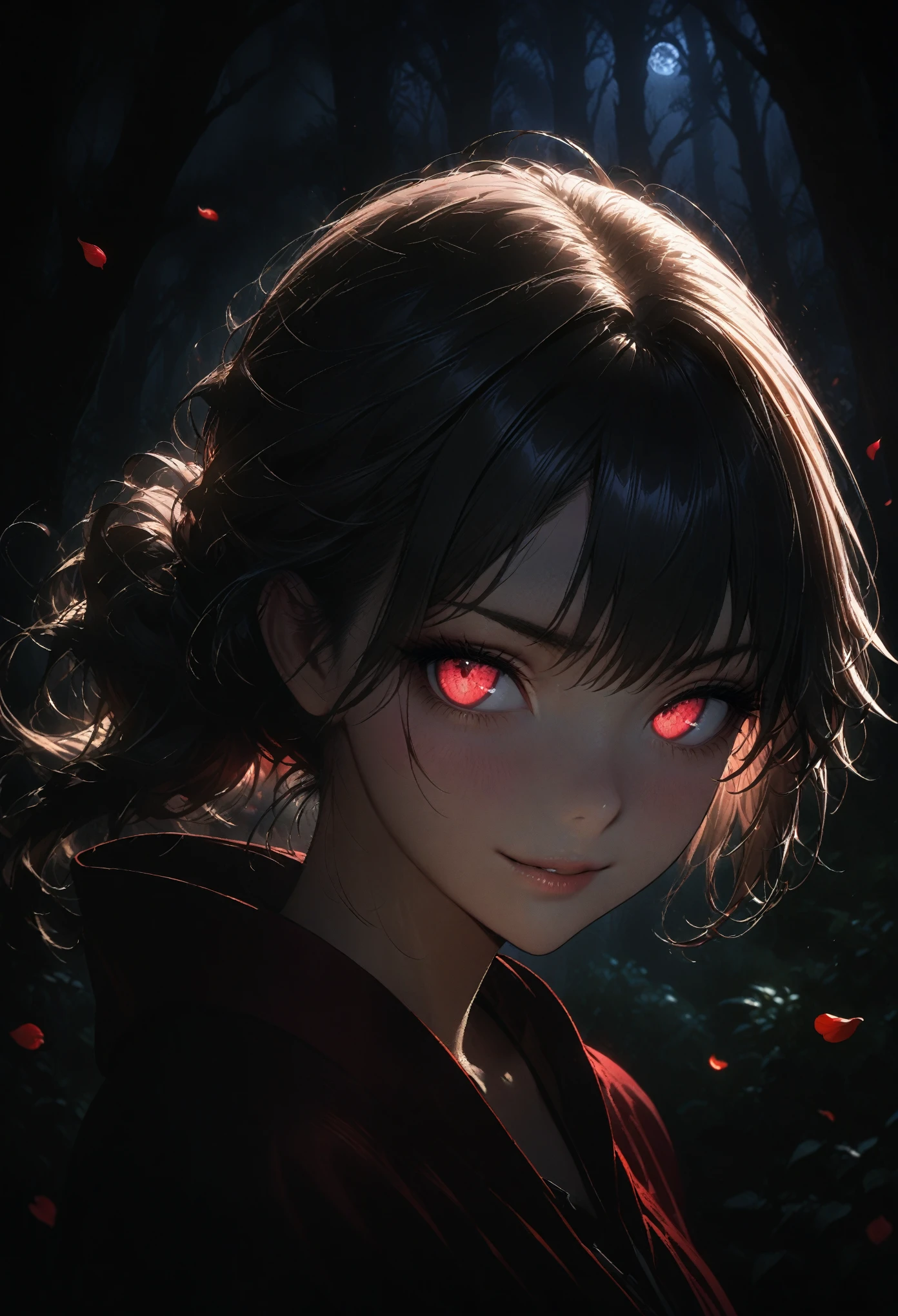 masterpiece, best quality, very aesthetic, absurdres, portrait, 1girl, smirk, red eyes, beautiful eyes, glowing eyes, black hair, messy hair, ponytail with red ribbons, black sundress, red cloak, wind, floating rose petals, spooky forest background, at night, darkness, bokeh, dw01-3400