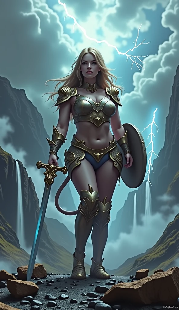 A high-quality, hyper-realistic depiction of a bold and fierce nude warrior girl graces the scene. With large breasts confidently exposed, she dons only warrior shoes, ready for battle. Her fierce gaze intensely holds aloft a mammoth sword, gleaming with a golden guard. The air around her crackles as lightning strikes upon her blade, illustrating her determination through illumination. Her long, wavy blond hair billows in the wind, adding to the dynamic motion of the image. Her piercing blue eyes radiate angriness and intensity, capturing the viewer's attention with their vivid expression. Sharp focus and dramatic contrast enhance the rendering, showcasing each detail with stunning