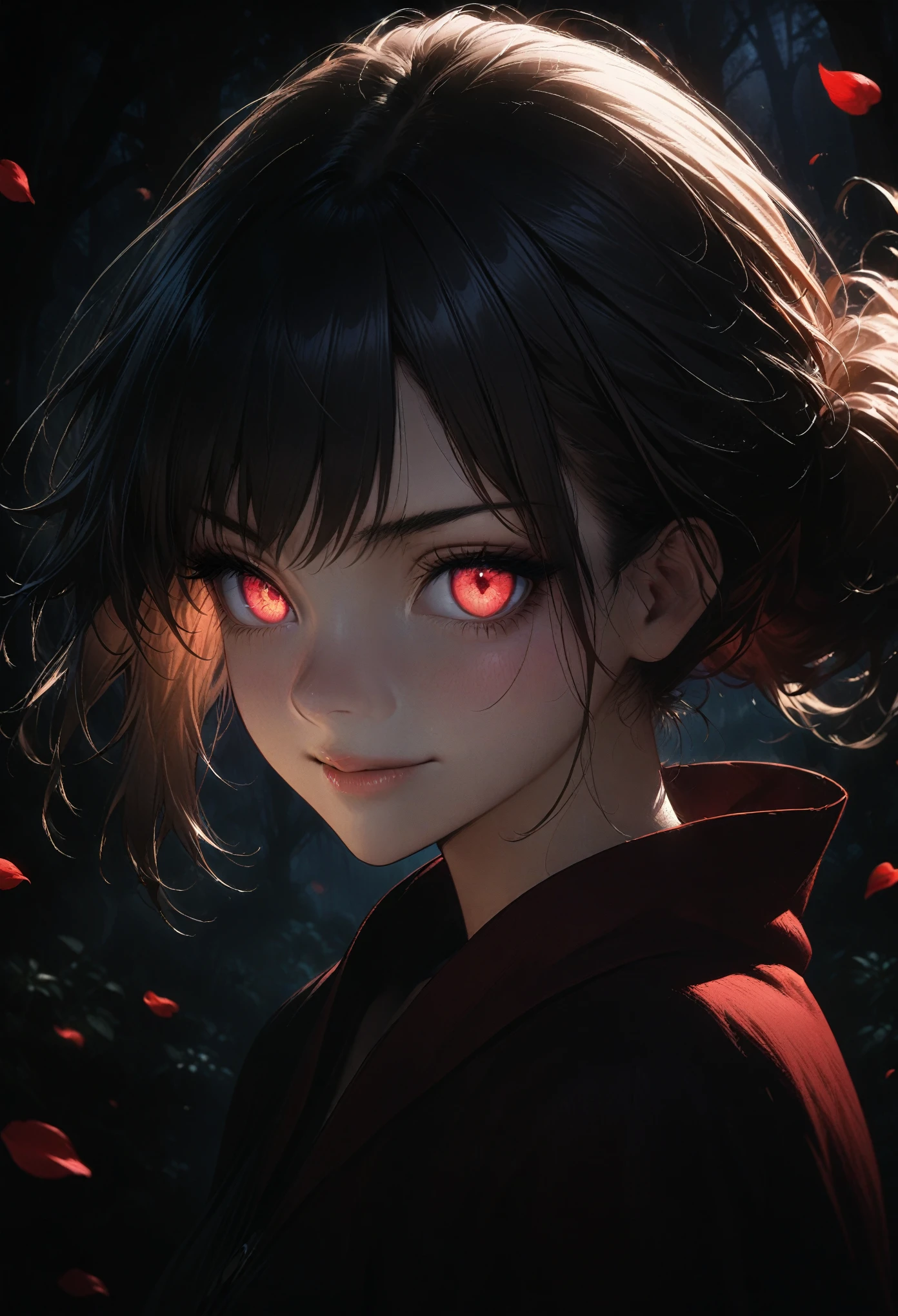 masterpiece, best quality, very aesthetic, absurdres, portrait, 1girl, smirk, red eyes, beautiful eyes, glowing eyes, black hair, messy hair, ponytail with red ribbons, black sundress, red cloak, wind, floating rose petals, spooky forest background, at night, darkness, bokeh, dw01-3400