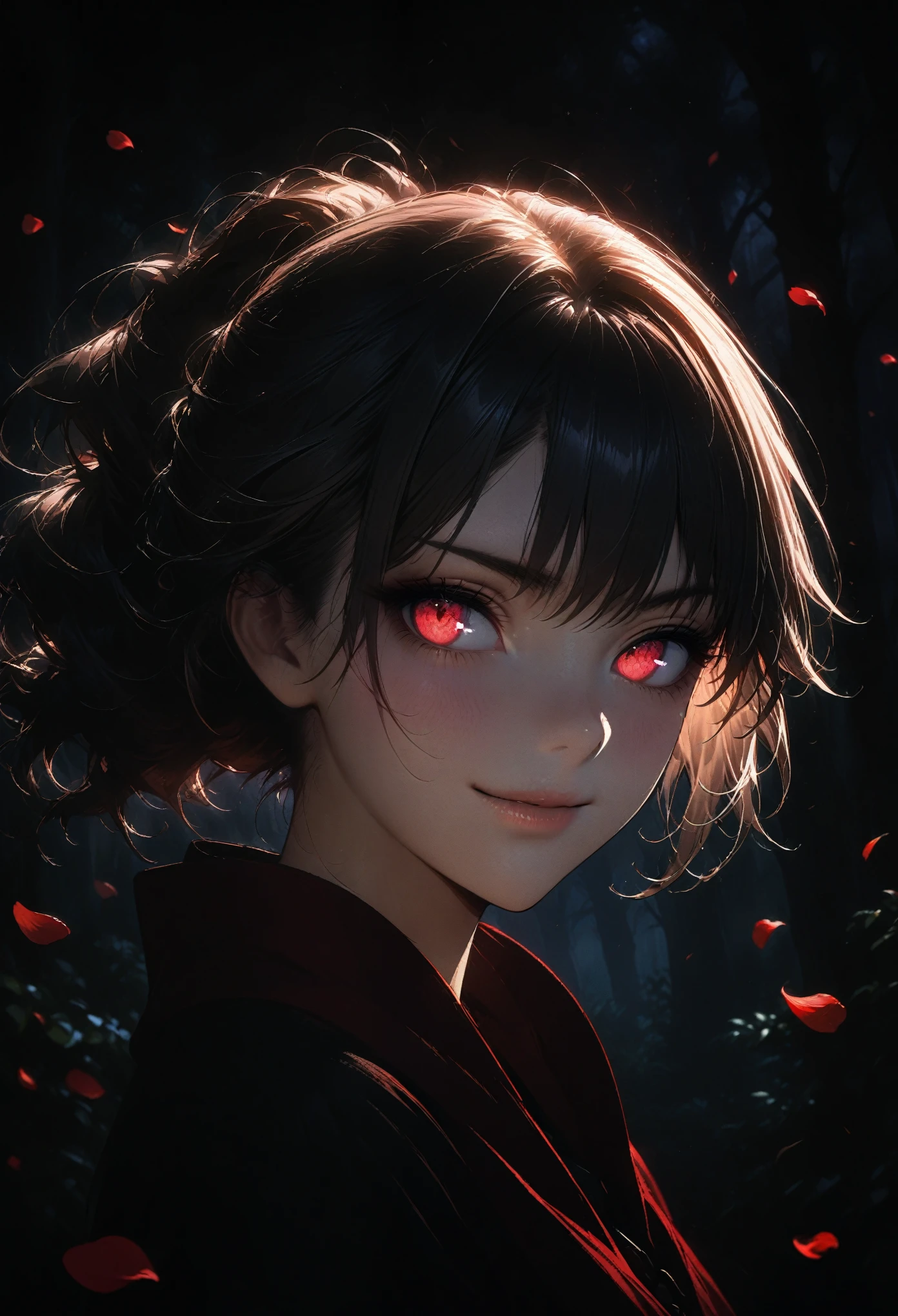 masterpiece, best quality, very aesthetic, absurdres, portrait, 1girl, smirk, red eyes, beautiful eyes, glowing eyes, black hair, messy hair, ponytail with red ribbons, black sundress, red cloak, wind, floating rose petals, spooky forest background, at night, darkness, bokeh, dw01-3400