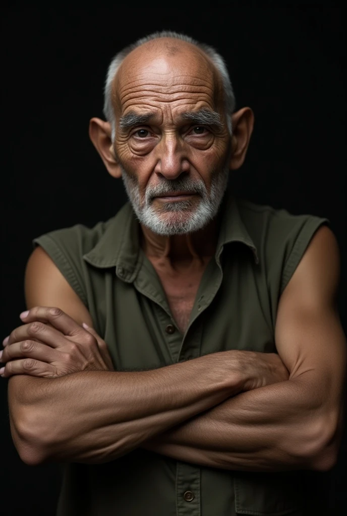 Weathered, a old man, Deep folds, Durable, weather-beaten, Aging appearance, mildly muscular body, Rough jawline, no beard, thick walrus moustache, stubbles, gray hairs, Loneliness was engraved on his face, pensive expression, Strong gaze, A clear sign of a good life, Intricate web of scars and blemishes, Complex mechanical structures peep through damaged skin, Complex artificial nervous system, Intertwined wires and circuits, The eyes are filled with deep wisdom, Wrinkles are deeply etched, He felt visibly tired of facial features, Tears sparkled in his eyes, Surrealist depictions, head to toe view that emphasizes every detail, he is shirtless and wears no pants, he is nude he has a lot of body hair, medium sized penis, mature male, (b&Show on the, Monochromatic, Film photography:1.3), nude photography,  Photorealistic, Hyperrealistic, ultra - detailed, film-noir, analogue style, hip is cocked, demure, Soft lighting, Subsurface scattering, Realistic, heavy shadow, Masterpiece, Best quality, Ultra photo realsisim, 8K, Intricate, High detail, Film photography, Soft focus