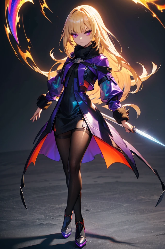 1 girl, ((solo)), long hair, long blonde hair, hime cut, aqua eyes, sparkling eyes, crystal earrings, pointy ears, makeup, embarrassed, nervous, nervous smile, full body, ((standing:1.5), ((spread legs:0.9)), medium breast, soft breasts, collarbone, hipbones, revelated cloting, ((black sports small bra only)), pencil micro skirt, ((very high waist micro skirt:1.5)), ((orange leather battle micro skirt)), [[yelow battle leather micro skirt]], ((black cycling shorts under micro skirt:1.0)), high boots, knee high boots, high heels, tight thigh high stockings, ((orange stockings)), [[yelow stockings]], long leather gloves, coat, open coat, ((orange coat)), [[yelow coat]], yellow goggles on head, pov, wide shot, depth of field, bright light, concept art, anime, masterpiece, accurate, anatomically correct, high quality, 4K, 8k, high resolution, masterpiece, accurate, anatomically correct, high quality, 4K, 8k, high resolution, medieval fantasy story, genshin impact style, anemo character style