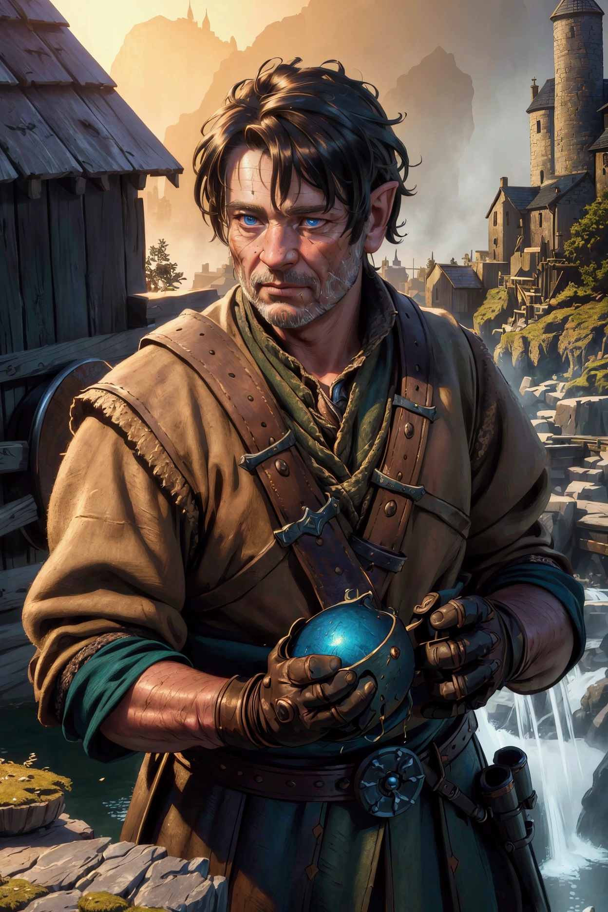 a close up of a male halfling with a scar on his right eye, mill caretaker, mill background, detailed facial features, striking blue eyes, rugged weathered skin, simple clothes, worn leather gloves, hard working expression, warm lighting, detailed wood textures, mossy stone walls, water wheel spinning in background, (best quality,4k,8k,highres,masterpiece:1.2),ultra-detailed,(realistic,photorealistic,photo-realistic:1.37),highly detailed fantasy portrait,cinematic lighting,vibrant colors