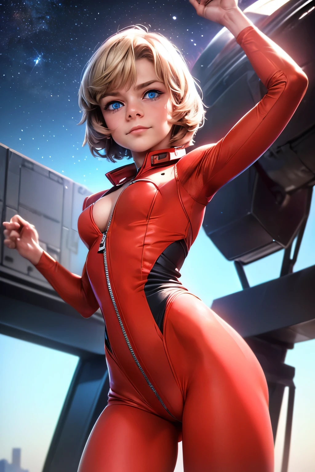 1female，age 5，bit girl，Small ，smallunderolo，（Background with：space ship，Artificial satellite，） She has blonde hair，Stand on a spaceship，seen from the front， mostly cloudy sky, (masterpiece），（Very detailed CG unity 8K wallpaper），best quality，cinematic lighting，detailed background，beautiful detailed eyes，Bright pupils，Blue eyes，（Very fine and beautiful），（Beautiful and detailed eye description），ultra - detailed，masterpiece，）），facing at camera，A high resolution，ultra - detailed），revealing small breasts，legs are open，Raised sexy，Flushed complexion，Smile，Desire for dissatisfaction，frontage，elementary student，The astronaut，（Wearing：Spacesuit）, (unzipped pilot suit leotard in red and white colour), (cleavage), tight fit clothes, clothes covering the whole body, beauty, vivacious, lovely, slim body, exoskeleton, gundam pilot) Alisa Selezneva