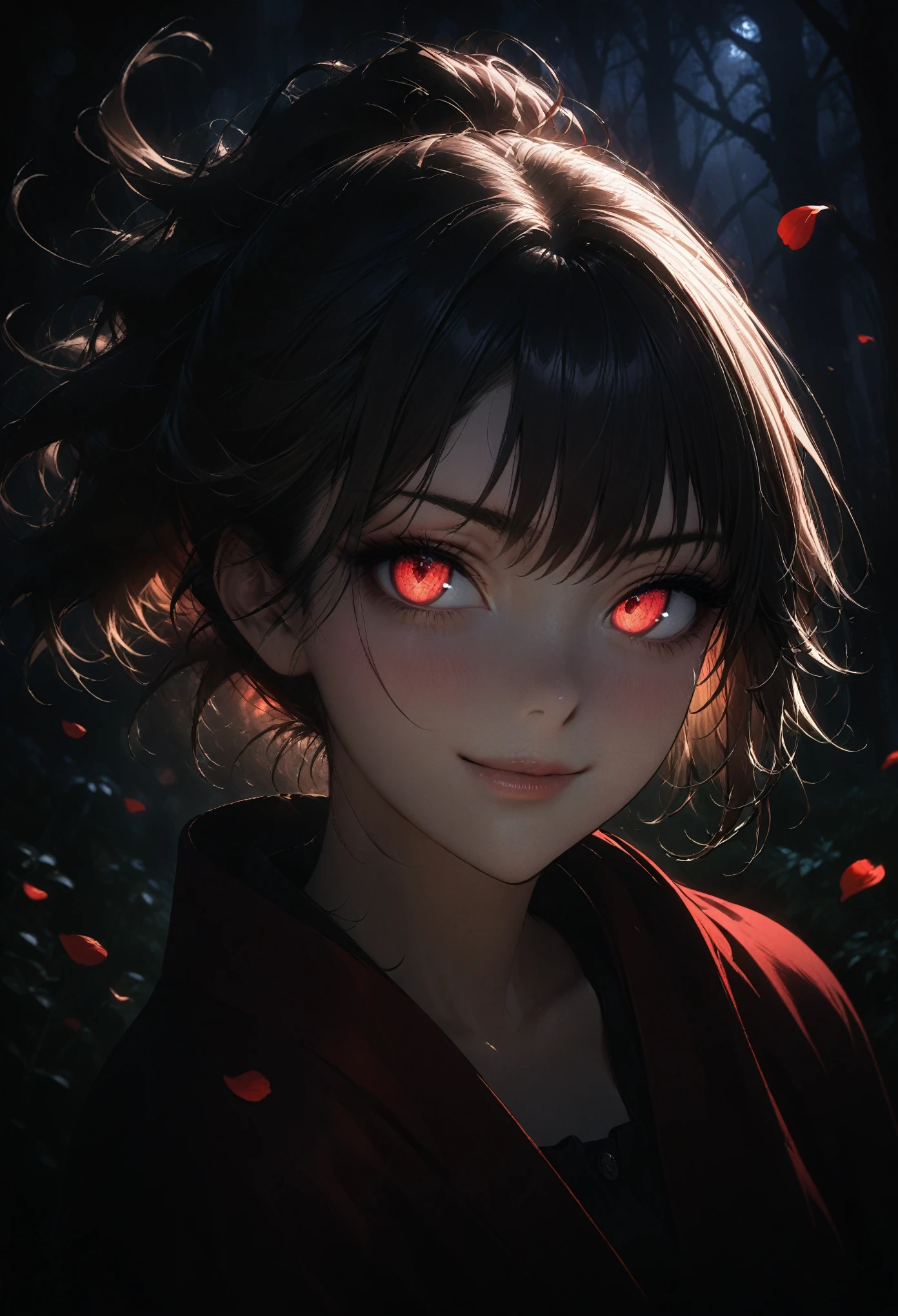 masterpiece, best quality, very aesthetic, absurdres, portrait, 1girl, smirk, red eyes, beautiful eyes, glowing eyes, black hair, messy hair, ponytail with red ribbons, black sundress, red cloak, wind, floating rose petals, spooky forest background, at night, darkness, bokeh, dw01-3400