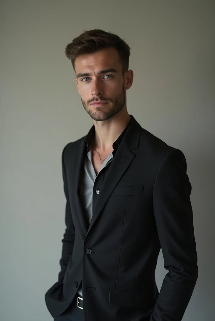 fashion magazine photoshoot, handsome top model, man wearing only coat, posing, bored face expression, skinny body, elegant, detailed skin texture, pores, deep photo, raw photo, film grain, grainy photo, professional photo, artistic, style of Tyler Shields