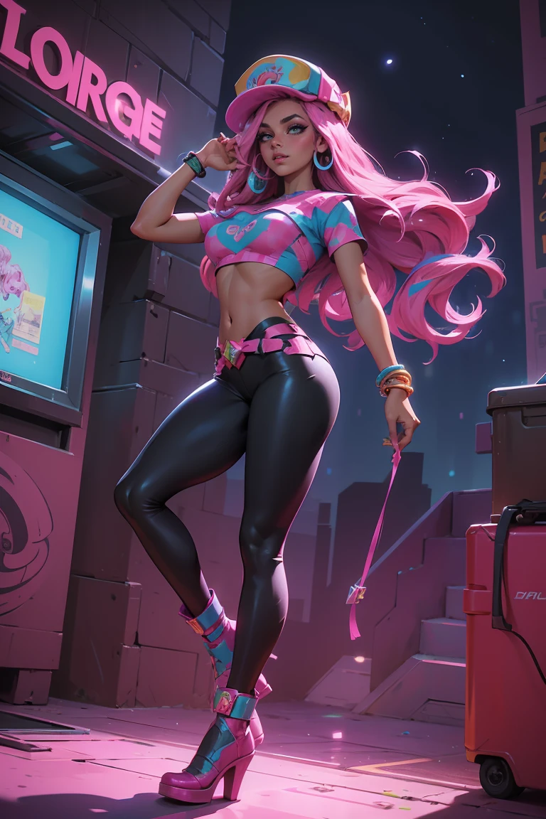 Goddess ((goddess-like woman)), slim elegant silhouette, masterpiece, best quality, (Arcade Miss Fortune/League of Legends), tanned skin, fair skin, cute face, (close angle), (masterpiece:1,2, best quality), (real image, intricate details), (1 lady, solo, medium tits), Big green eyes, kissable lips, full lips, straight hair, long Hair multi-colored hair, (pink hair), voluminous side parting, voluminous hair, Long Hair, bracelet, hoop earrings, beautiful face, beautiful eyes, big eyes, irresistible smile, she Wears a black leggings and Crop Top, m3shm1cr0, leggings, short sleeves, midriff, crop top, Boots heels, background:night city, party mile, queuing in front of a dance club