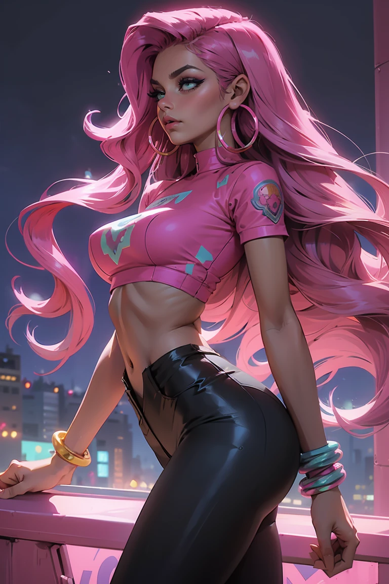 Goddess ((goddess-like woman)), slim elegant silhouette, masterpiece, best quality, (Arcade Miss Fortune/League of Legends), tanned skin, fair skin, cute face, (close angle), (masterpiece:1,2, best quality), (real image, intricate details), (1 lady, solo, medium tits), Big green eyes, kissable lips, full lips, straight hair, long Hair multi-colored hair, (pink hair), voluminous side parting, voluminous hair, Long Hair, bracelet, hoop earrings, beautiful face, beautiful eyes, big eyes, irresistible smile, she Wears a black leggings and Crop Top, m3shm1cr0, leggings, short sleeves, midriff, crop top, Boots heels, background:night city, party mile, queuing in front of a dance club