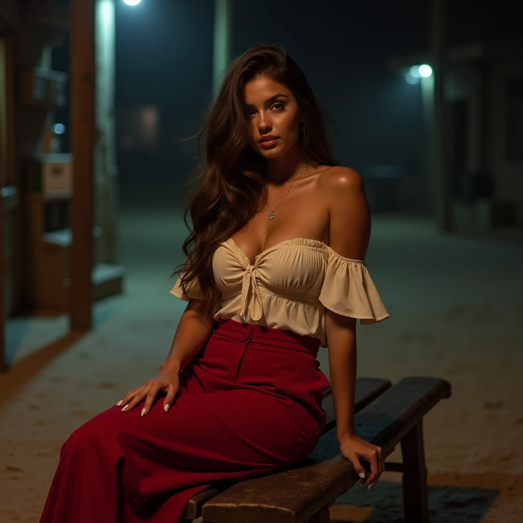 (only one girl)), ((one girl)), Hanna, a 21 year old girl, 1.70 meters tall, weighs 49 kg, has very long and straight dark purple hair, has big green eyes, wears gold earrings and bracelets, always has a smartwatch on wrist, outdoors, night, curious, cowboy shot, dress, pantyhose, tight skirt, squatting, river, ((hands on legs)), ultra realistic style, (seed 3978045937)
