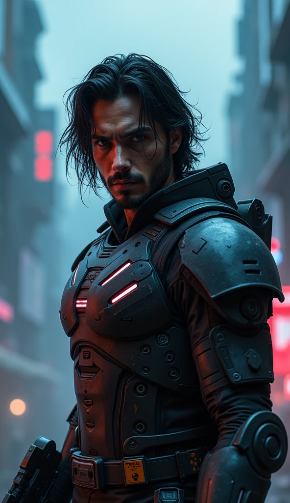 "A cinematic portrait of a futuristic warrior with medium-length, dark hair that falls messily around his face, adding to his intense and rugged appearance. He stands tall in advanced, battle-worn armor that glows faintly with energy lines and illuminated tech elements across his chest and shoulders. His piercing gaze is focused and determined, his face marked with subtle scars that hint at past battles. In one hand, he holds a sleek, high-tech energy weapon, while a glowing, compact blade is attached to his side. The background reveals a dark, dystopian cityscape with towering structures, neon lights, and drifting smoke, casting moody shadows across his armor. The lighting is dramatic, with contrasting blue and red highlights that enhance the details of his gear and bring depth to his intense expression."
