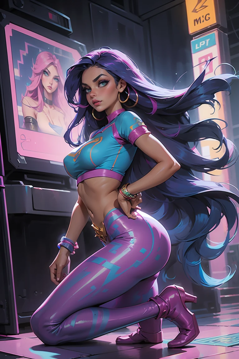 Goddess ((goddess-like woman)), slim elegant silhouette, masterpiece, best quality, (Arcade Miss Fortune/League of Legends), tanned skin, fair skin, cute face, (close angle), (masterpiece:1,2, best quality), (real image, intricate details), (1 lady, solo, medium tits), Big green eyes, kissable lips, full lips, straight hair, long Hair multi-colored hair, (blue hair), voluminous side parting, voluminous hair, Long Hair, bracelet, hoop earrings, beautiful face, beautiful eyes, big eyes, irresistible smile, she Wears a black leggings and Crop Top, m3shm1cr0, leggings, short sleeves, midriff, crop top, Boots heels, background:night city, party mile, queuing in front of a dance club