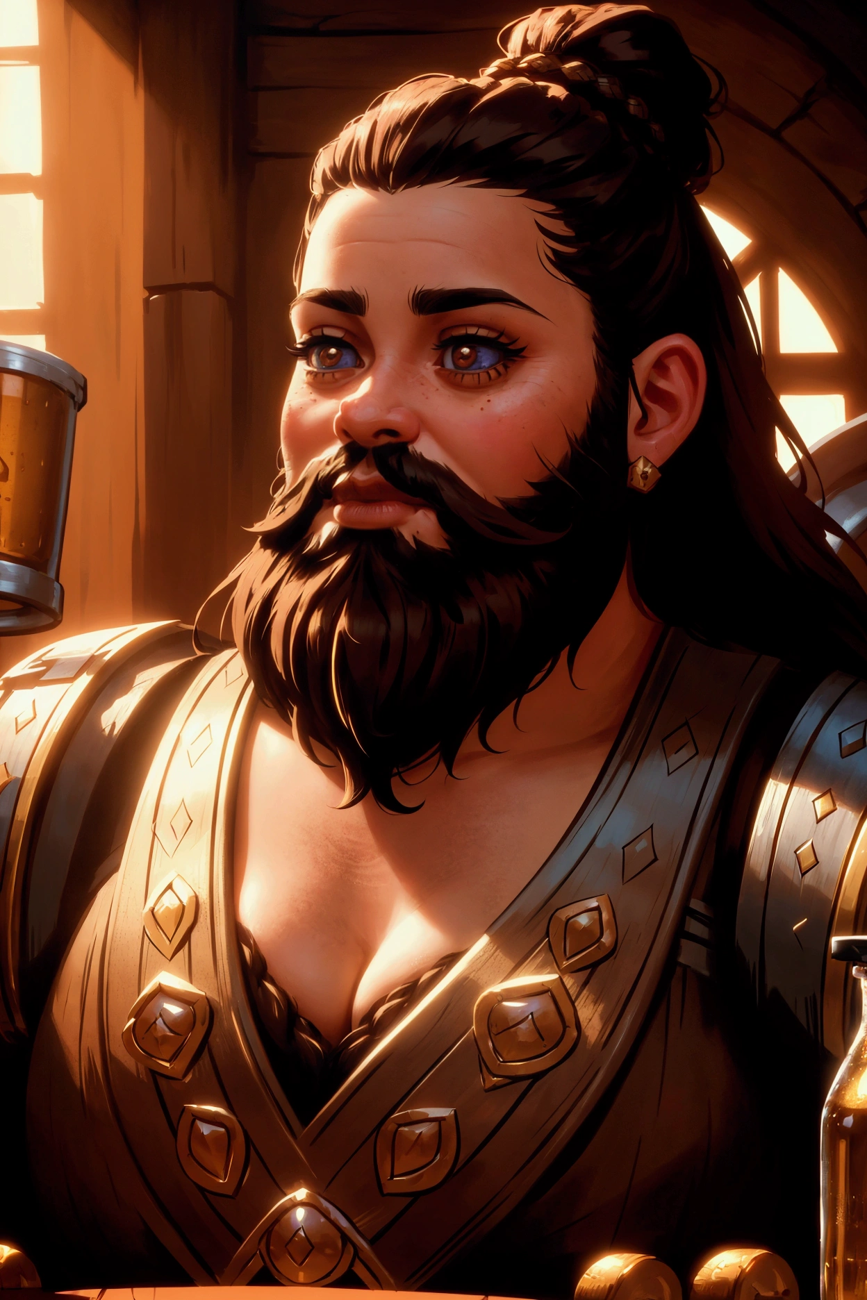 a female dwarf with a beautiful detailed beard, close up portrait, brewery interior, intricate details, highly detailed, photorealistic, 8k, hyperrealistic, warm lighting, soft focus, depth of field, cinematic, dramatic lighting