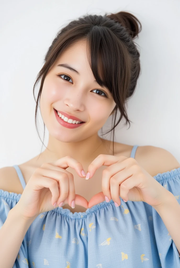 Only one woman with a cute smile wears cute, fluffy off-shoulder pajamas, makes a big heart shape with both hands, and poses them in front of her chest, View above collarbone、The background is a monotone 

