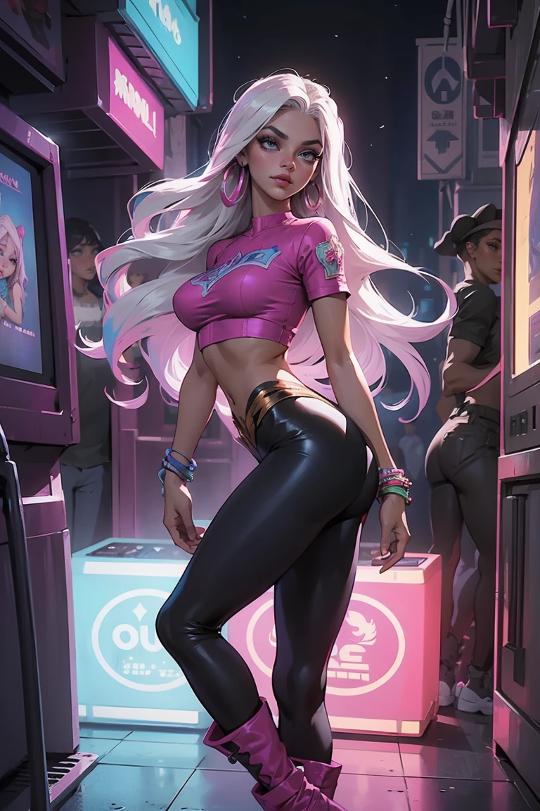 Goddess ((goddess-like woman)), slim elegant silhouette, masterpiece, best quality, (Arcade Miss Fortune/League of Legends), tanned skin, fair skin, cute face, (close angle), (masterpiece:1,2, best quality), (real image, intricate details), (1 lady, solo, medium tits), Big green eyes, kissable lips, full lips, straight hair, long Hair multi-colored hair, (white hair), voluminous side parting, voluminous hair, Long Hair, bracelet, hoop earrings, beautiful face, beautiful eyes, big eyes, irresistible smile, she Wears a black leggings and Crop Top, m3shm1cr0, leggings, short sleeves, midriff, crop top, Boots heels, background:night city, party mile, queuing in front of a dance club