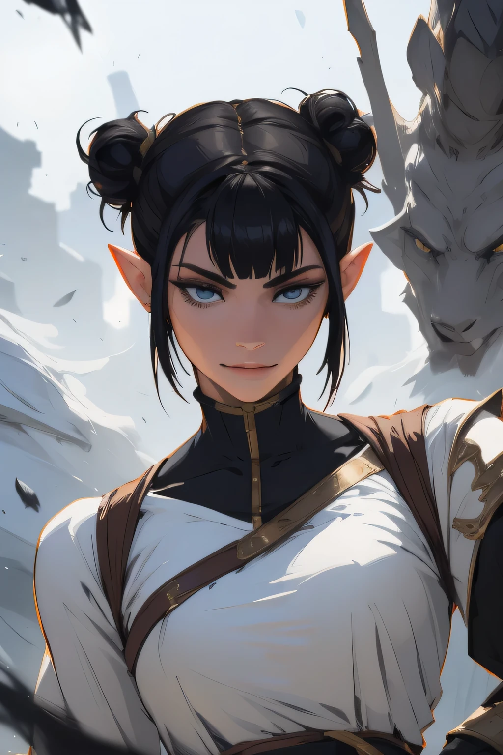 a girl with short hair in double buns and blunt bangs, beautiful detailed eyes, beautiful detailed lips, extremely detailed eyes and face, long eyelashes, intricate hairstyle, studio lighting, fantasy portrait, cinematic lighting, highly detailed, photorealistic, award winning digital art, vibrant colors, warm color palette, dramatic lighting