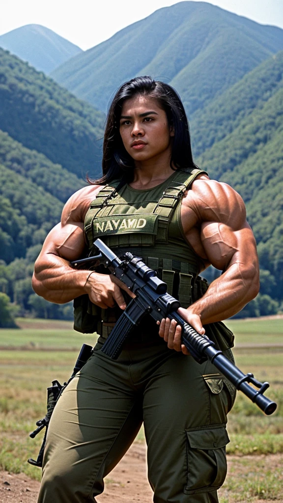 Photorealistic, high resolution, 1 malay woman in ponytail hair, Solo, Hips up, Public area background,view the viewer, (Detailed face), Black hair, SWAT vests, sniper rifle handle, Black military uniform, bulletproof vest, Holding an assault rifle, M16, Inside the city of Sandakan, Very detailed, Perfect face, Black eye, jewelry, (full body view), Lifelike, masterpiece, HDR, 4K