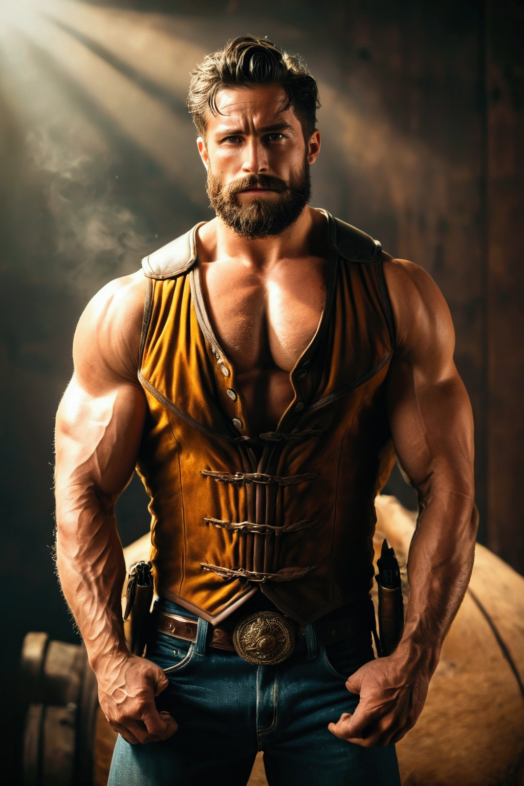Big muscles, big chest, beard, hairy, cowboy, vest