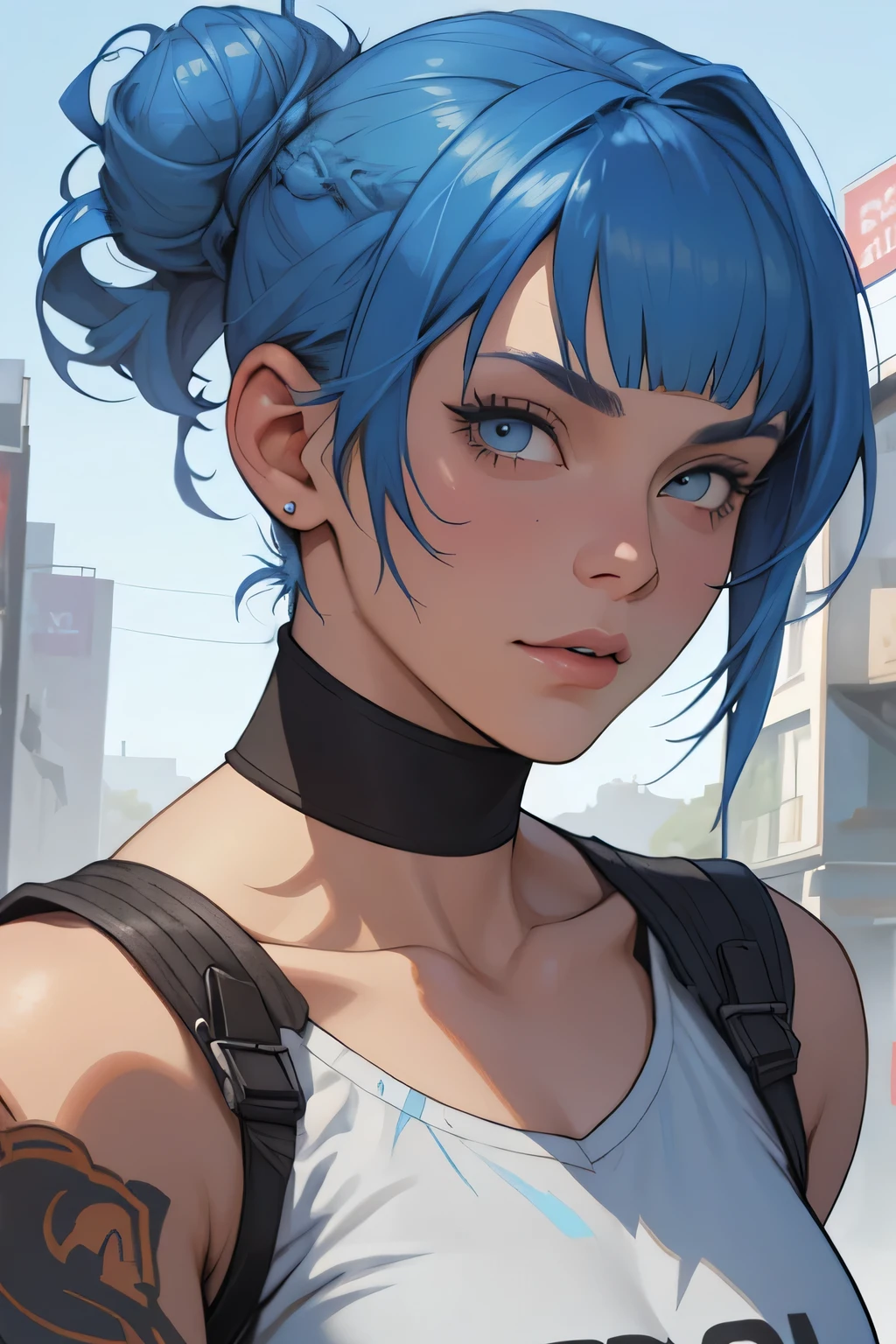 fantasy,concept art there is a woman with blue hair, short blue hair, with blue hair, blue short hair, short blue hair!!!, messy blue hair, halfbody headshot, blue hairs, blue hair, short blue haired woman, chloe price, sky blue highlights in hair, cyberpunk dyed haircut, flowing blue hair, brown hair with light blue ends, blue and black, LAUFEN, SHORT HAIR, DOUBLE BUN, BLUNT BANGS,