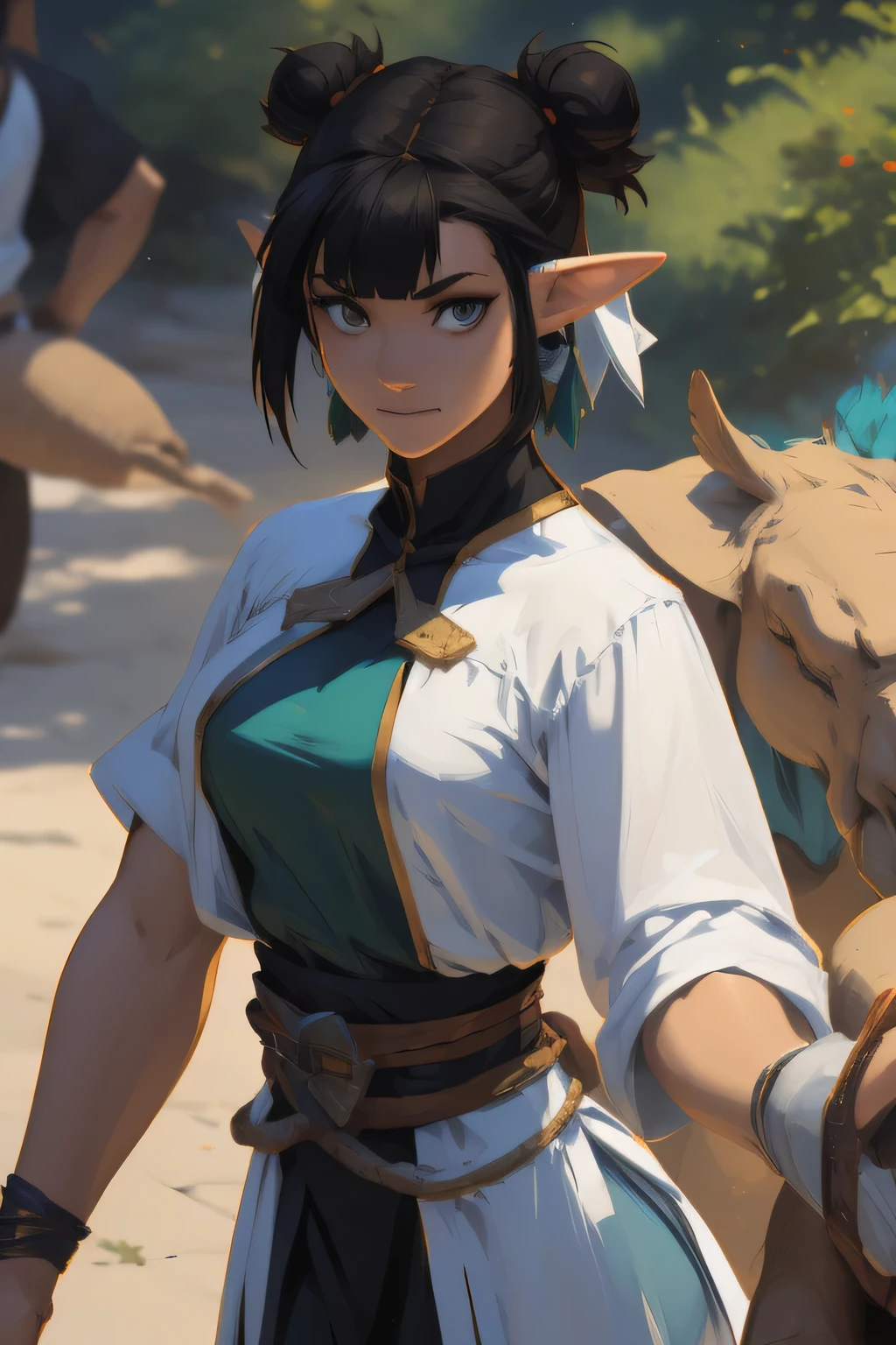 anime style elf girl bautful female painting a large elephant, artstation painting, artwork in the style of guweiz, painted in anime painter studio, guweiz on artstation pixiv, digital painting concept art, made with anime painter studio, fanart best artstation, low detailed. digital painting, detailed digital anime art, ross tran and studio ghibli LAUFEN, SHORT HAIR, DOUBLE BUN, BLUNT BANGS, Laofen, brown hair, double bun, brown eyes, hair_ornament