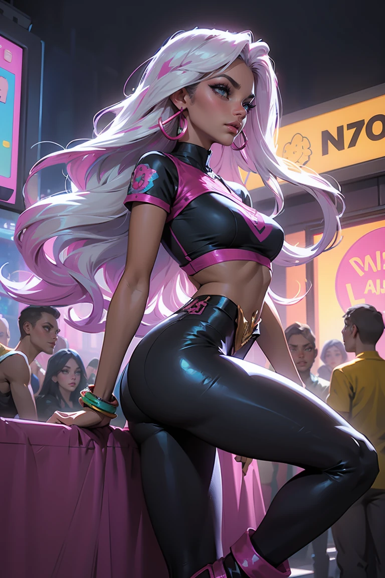 Goddess ((goddess-like woman)), slim elegant silhouette, masterpiece, best quality, (Arcade Miss Fortune/League of Legends), tanned skin, fair skin, cute face, (close angle), (masterpiece:1,2, best quality), (real image, intricate details), (1 lady, solo, medium tits), Big green eyes, kissable lips, full lips, straight hair, long Hair multi-colored hair, (white hair), side parting, voluminous side parting, voluminous hair, Long Hair, bracelet, hoop earrings, beautiful face, beautiful eyes, big eyes, irresistible smile, she Wears a black leggings and Crop Top, m3shm1cr0, leggings, short sleeves, midriff, crop top, Boots heels, background:night city, party mile, queuing in front of a dance club