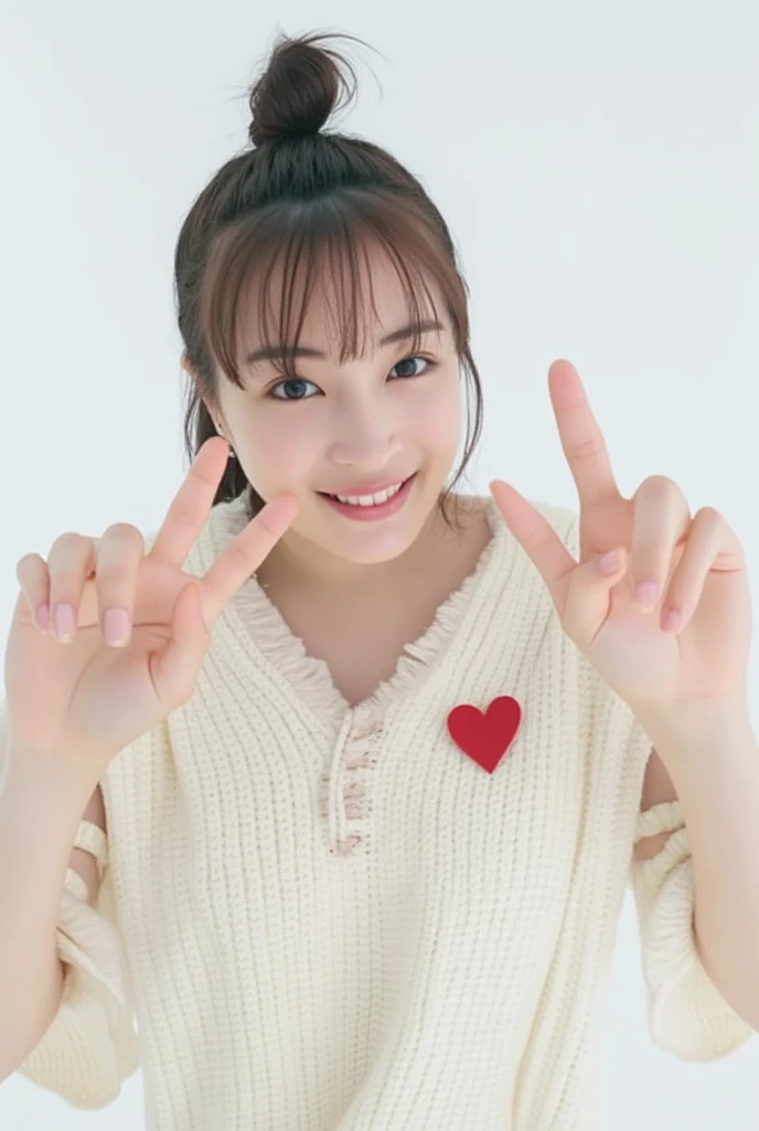 Only one woman with a cute smile wears cute, fluffy off-shoulder pajamas, makes a big heart shape with both hands, and poses them in front of her chest, View above collarbone、The background is a monotone 

