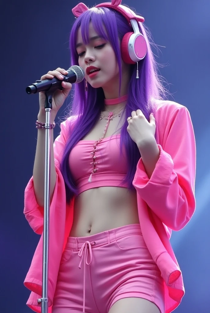 beautfull woman, age 25, greeneyes, Full-body image, with headphones from ear, small, , listening to music, LONG PURPLE HAIR, naturey, forst, IVORY HOUSE WITH GOLD, IVORY COLUMN WITH GOLD, YouTube symbol