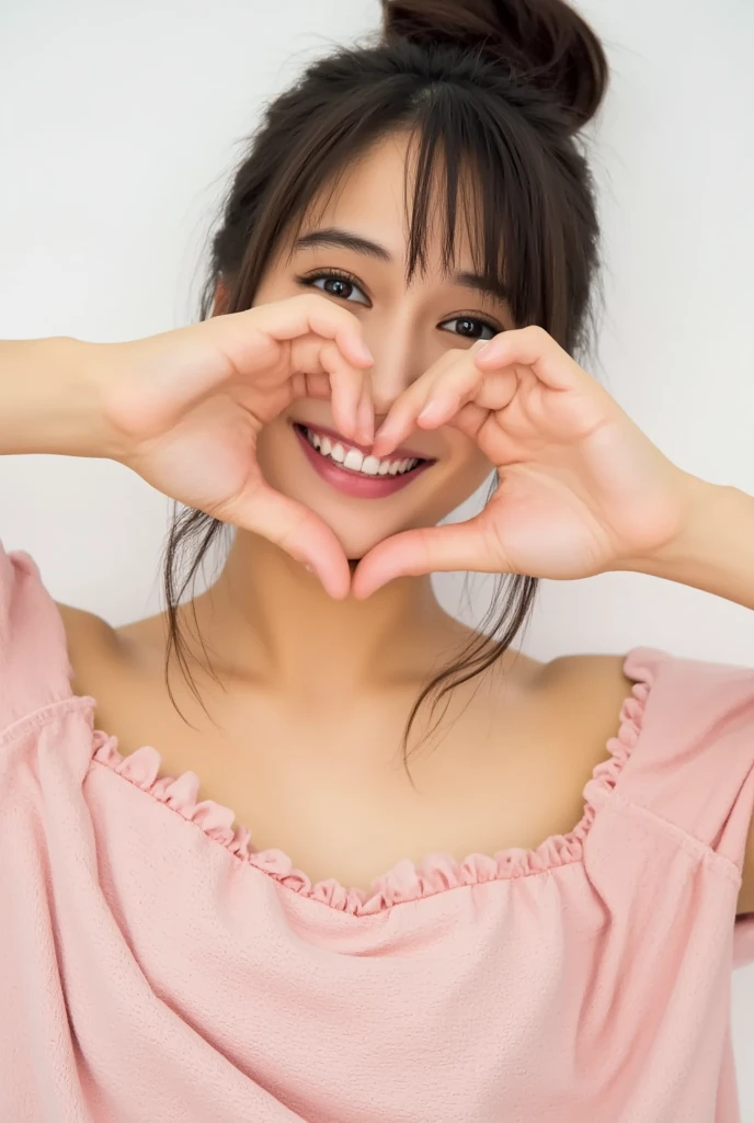 Only one woman with a cute smile wears cute, fluffy off-shoulder pajamas, makes a big heart shape with both hands, and poses them in front of her chest, View above collarbone、The background is a monotone 

