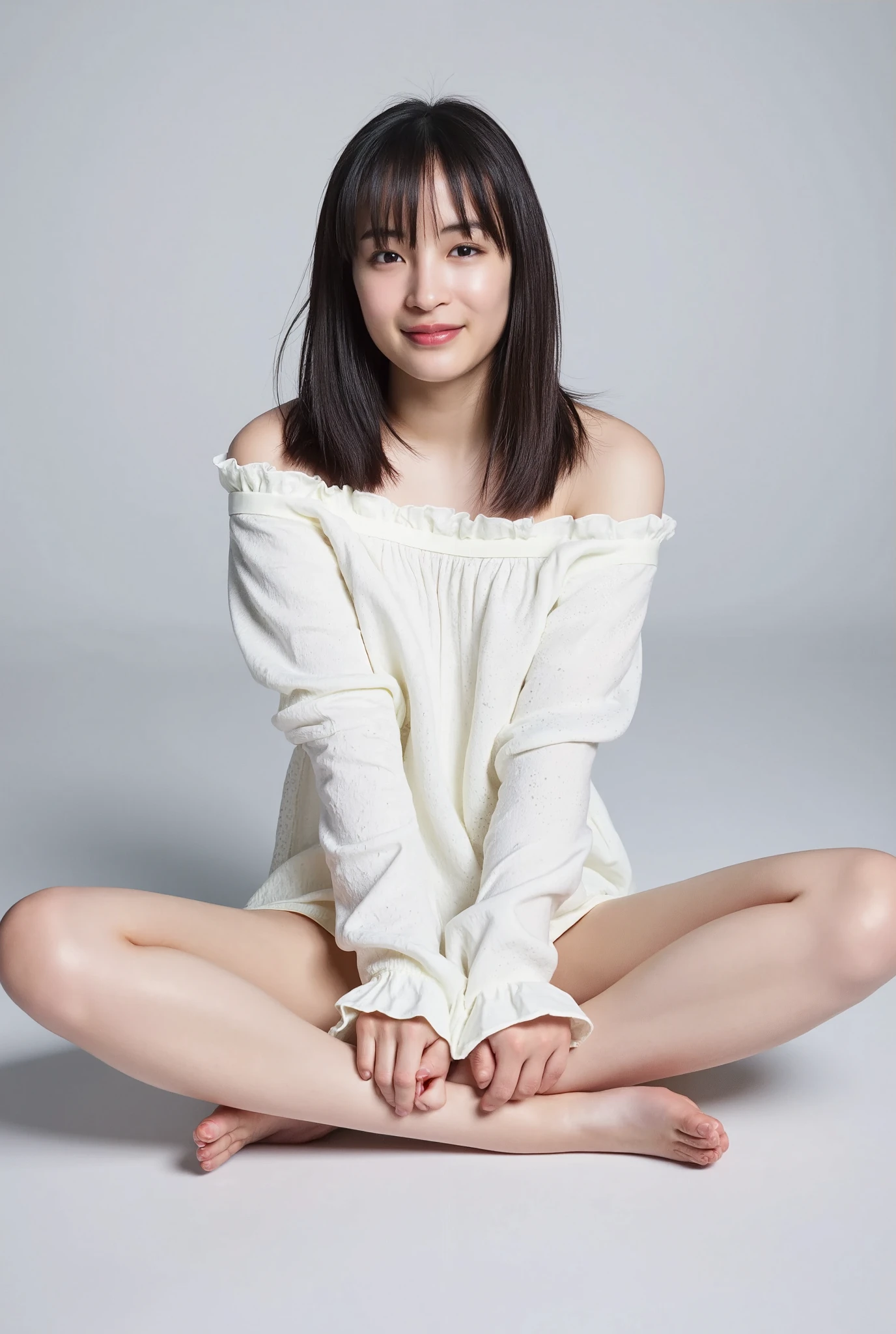 Full body shot from the front、Wear off-the-shoulder mini one-piece pajamas, bend your knees, spread your legs, take a cross-legged pose, and sit while looking at me, Slender bare legs 、smile、The background is a monotone 

