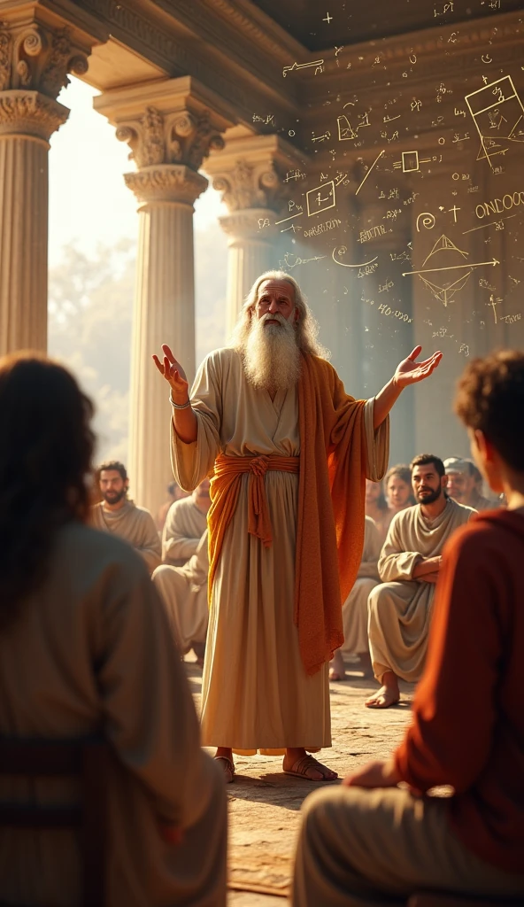 Create an image representing Plato in ancient Greece. The scene should depict Plato as a distinguished philosopher, engaged in intellectual discourse or contemplation. Show him in a classical Greek setting, such as an agora or a scholarly environment, surrounded by stone columns and ancient architecture. Plato should be portrayed in traditional Greek attire, such as a toga, with a thoughtful expression, perhaps holding a scroll or tablet. Include students or fellow philosophers in the background, listening attentively or engaged in discussion. Use warm, earthy tones and natural lighting to evoke the historical period and emphasize the wisdom and philosophical depth of Plato’s time.



