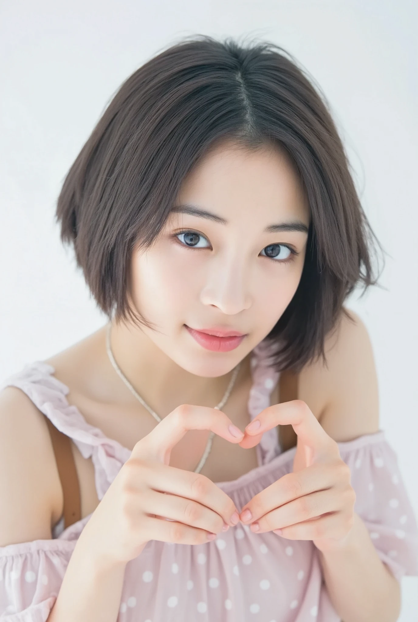 Only one woman with a cute smile wears cute, fluffy off-shoulder pajamas, makes a big heart shape with both hands, and poses them in front of her chest, View above collarbone、The background is a monotone 

