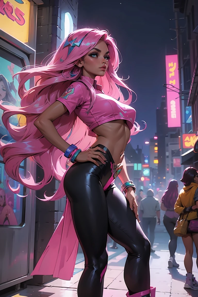 Goddess ((goddess-like woman)), slim elegant silhouette, masterpiece, best quality, (Arcade Miss Fortune/League of Legends), tanned skin, fair skin, cute face, (close angle), (masterpiece:1,2, best quality), (real image, intricate details), (1 lady, solo, medium tits), Big green eyes, kissable lips, full lips, straight hair, long Hair multi-colored hair, (Pink hair), side parting, voluminous side parting, voluminous hair, Long Hair, bracelet, hoop earrings, beautiful face, beautiful eyes, big eyes, irresistible smile, she Wears a black leggings and Crop Top, m3shm1cr0, leggings, short sleeves, midriff, crop top, Boots heels, background:night city, party mile, queuing in front of a dance club